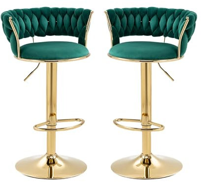 AUKWIK Barhocker 2er Set höhenverstellbar aus Samt, drehbarer Schminktisch Hocker, gepolsterter Drehstuhl für Esszimmer Küche Wohnzimmer, Grün Emerald