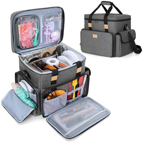 Luxja Baking Supplies Storage Bag with 3 Removable Dividers and 1 Detachable Pouch, Baking Organizer Bag with Multiple Pockets, Grey (No Accessories Included)