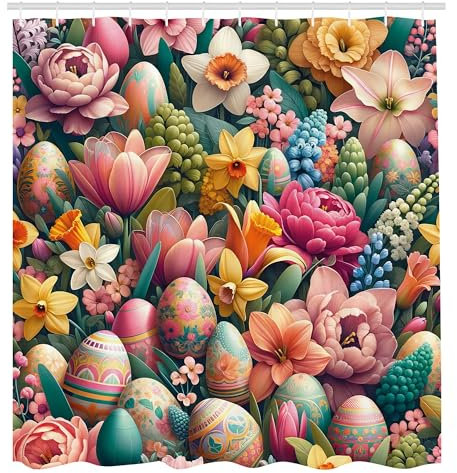 ABAKUHAUS Frühling Duschvorhang, Träumerischer Blick auf Ostereier blühender Garten mit Grünblättern, Stoffliches Gewebe mit Haken, 175 x 180 cm, Blasses Rosa Meeresschaum Senf