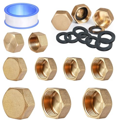 Amentalove 9 Piezas Tapón Ciego de Latón, Tapón de Latón 3/8 1/2 3/4 In, tapón latón Hembra, Tapones Roscados para Tubo Con Arandelas De Goma para Conexión De Tubería Lavadora Grifo