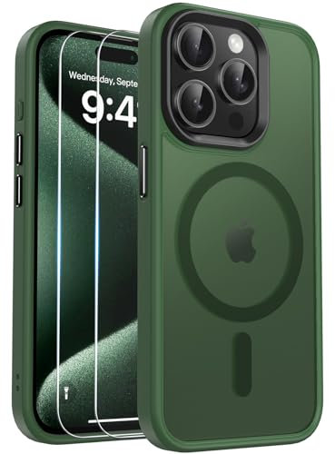 Kmofizle Magnetic Phone Case for iPhone 15 Pro Case MagSafe and 2X HD Screen Protector, Shockproof Military Grade Drop Protection, Frosted Translucent Back iPhone 15 Pro Phone Cover 6.1-Inch, Green