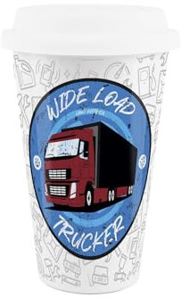 Purely Home Wide Load Trucker Ceramic Travel Mug - Funny Novelty Gifts for Truck/Lorry Drivers - Reusable Silicone Lid Double-Walled Insulated Hot/Cold Drinks Tea Coffee Cup