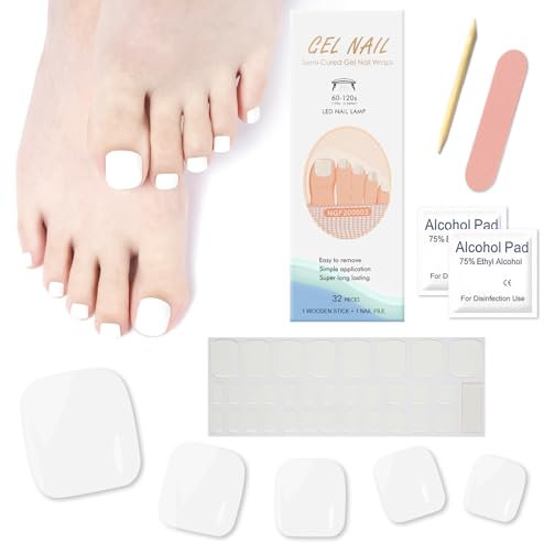 Ceboic 32 Stück Selbstklebend Fußnagel Sticker, Pure Farbe Nagelfolie UV Härtend Vollabdeckung Zehennagellack Aufkleber, Gel Nail Wraps Nagelsticker Geschenke für Frauen Mädchen (Weiß)