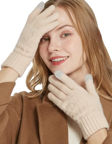 QICEDER Winterhandschuhe für Damen Touchscreen Handschuhe Strick Fingerhandschuhe Sport Warm und Winddicht Winterhandschuhe (Beige)