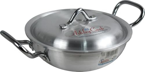 Round Aluminium Karahi Cooking Bowl Traditional Kadai Curry Cooking Serving Bowls Indian Platter (22cm (2.66L))