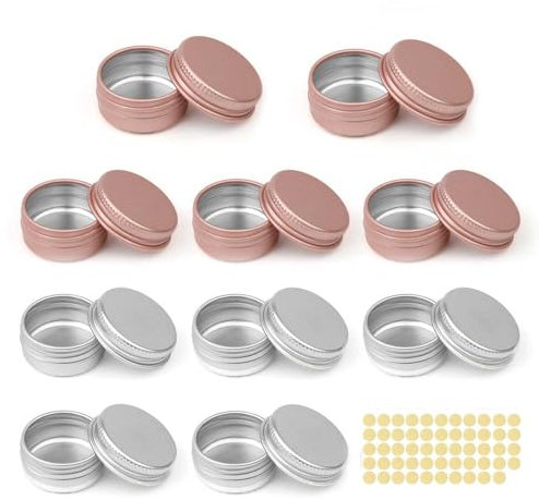 HJIAMA pot Bougie Vide 10 Pièces, 10 ml Pots en Aluminium, Conception à Visser Filetée, Joint Intégré, avec Étiquette Ronde, Petite Boite Metal, Convient pour Ranger Bijoux, Bonbons, Cosmétiques