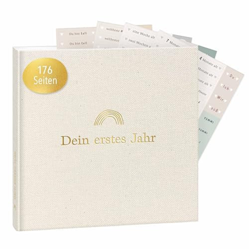mintkind® Babyalbum Mein erstes Lebensjahr Leinen + Sticker Set | Baby Fotoalbum zum Selbstgestalten | Baby Geschenk für Mädchen und Junge | Babybuch zum Eintragen | Baby-Tagebuch ab 0 Monate