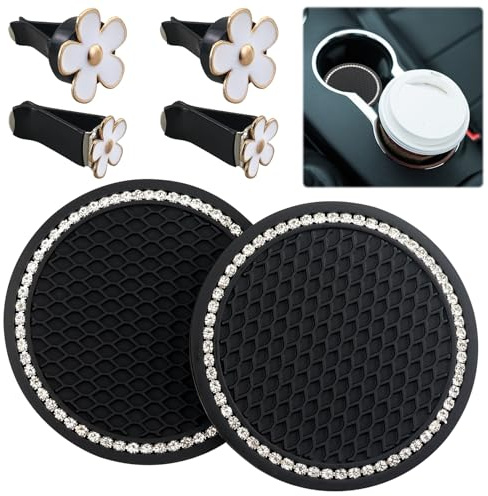 2er Set Auto Untersetzer mit 4 Clips für Aromatherapie Universal Auto Schwarz Glitzer Untersetzer Rutschfest Silikon Untersetzer