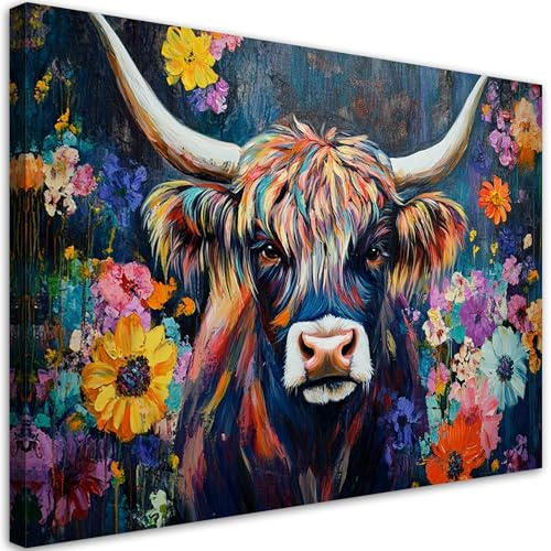 Feeby Bild auf Leinwand - Wandbilder Wohnzimmer Aesthetic - Bunte Schottische Kuh Abstrakt - 90x60 cm 1tlg - Schlafzimmer Wandekoration - Bilder Zimmer - Living Room - Deko Wandbilder - Moderne Bild