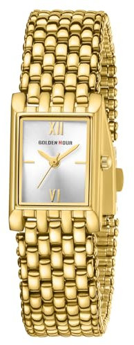 GOLDEN HOUR Kleine Uhr Damen Vintage Analoge Quarz Armbanduhr Damen, Wasserdicht Modisch lässig Rechteckig Goldene Frauen Uhr mit Edelstahlarmband Armbanduhren Gold für Mädchen