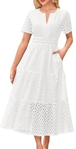 Womens Summer Dresses Elegant Eyelet Dress Short Sleeve V Neck Button Wrap Dress Loose Beach Ladies Maxi Sundress Hollow Out Tunic Dress Boho T-Shirt Dress with Pockets 2025 White