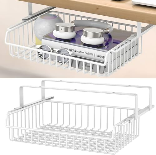 Gemsaya Under Desk Drawer Organiser, Self-Adhesive Hidden Pull Out Shelf Storage Drawer Box, Large Capacity Invisible Metal Under Desk Table Holder Baskets for Office Home School (White)