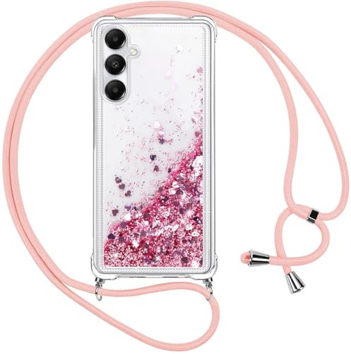 Vauki Coque pour Samsung Galaxy A05s avec Cordon, Paillette Liquide Transparent Crystal Glitter Housse, Protection Antichoc Silicone Souple TPU Bumper Case, Réglable Collier, Rose