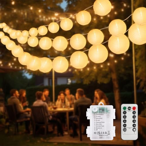 SOAIY Guirlande Lampions LED 8m 20 Lanternes, Alimentation Batterie, Télécommande & Minuterie, 8 Modes Éclairage, Étanche pour Balcon, Jardin, Terrasse, Fêtes, Décoration Magique Extérieure