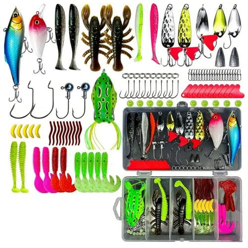 MOAZIFI Angelzubehör Set 107 Pcs - Umfangreiches Angelköder Set mit Tackle Box für Süßwasser und Salzwasser, Angel köder, Ideal für Barsch, Wels, Hecht, Lachs Forelle