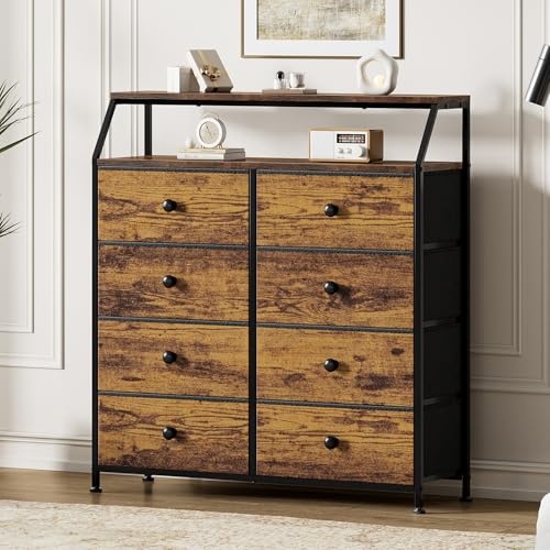 Mossora Kommode mit 8 Stoffschubladen, Ablageregal für Schlafzimmer | Stabiler Metallrahmen, praktische Holzplatten, viel Stauraum, multifunktionale Aufbewahrungseinheit für Wohnraum und Eingang