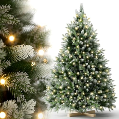 Eldzenith Albero di Natale innevato 150cm, Albero Natale Artificiale con luci led, con Base in Legno, PVC e PE, Effetto Realistico, Folto Pieno, Facile Montaggio, per Feste, Salotto, Uffici, Negozi