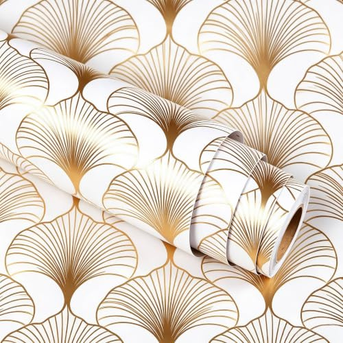 Stickyart Tapete Ginkgo Blätter Goldene Dekorfolie Möbel 44.5cmx700cm Selbstklebende Tapete Ginko Gold Linien Wandtapete Selbstklebend Wohnzimmer Wandfolie Selbstklebend Abwaschbar Bad Vinyltapete