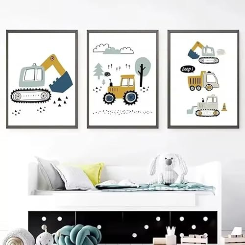 JIANGSHANDAIYOUCAIREN Cartoon Bagger Traktor LKW Poster Wandkunst Leinwand Malerei Bilder Kindergarten Kind Jungen Zimmer Dekor Kein Rahmen-30x40cmX3