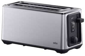 Braun Tostapane a fessura lunga – 2 slot extra lunghi, 8 livelli di tostatura, centraggio automatico, Reheat+ & Defrost+, accessorio per panini integrato, EasyGrab, nero (HT5220BK)