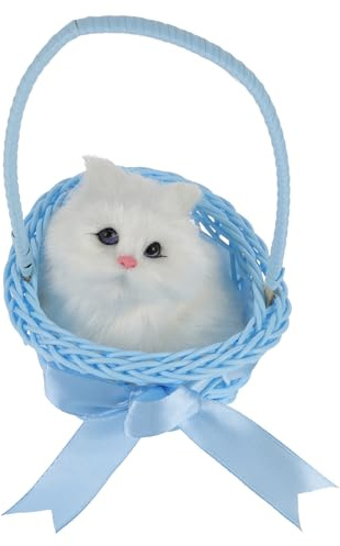 LIFKOME Realistisches Katzen Stofftier mit Miauen Weicher Elastischer Korb Künstliches Fell Weiß Dekoratives Geschenk für Wohnzimmer