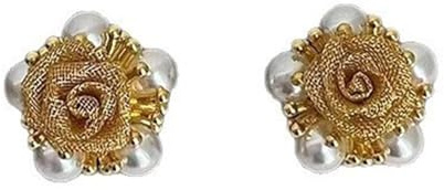 Golden Mesh Rose and Simulated Pearl Stud Earrings For Women, Elegant Earrings Jewelry for Party,Wedding,Events