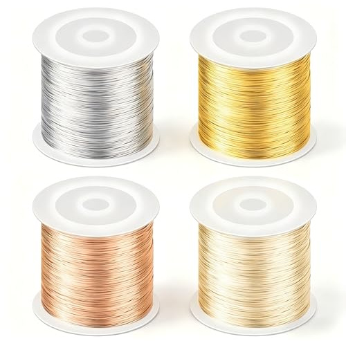 Kontazmi 4 bobinas de alambre para joyería 100M x 0,3 mm alambre de cobre delgado, en oro, plata, oro rosa y cobre, alambre versátil para manualidades, fabricación de joyas, cuentas, anillos y