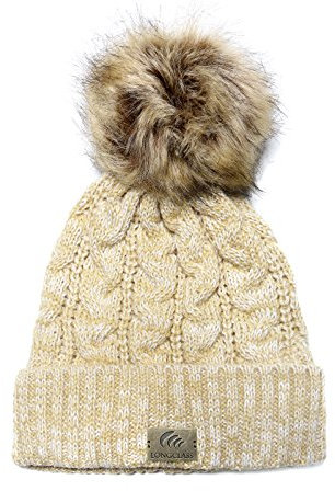 LONGCLASS Beige Bommelmütze Damen Elegance Mütze Frauen Wintermütze Hellbraun Wollmütze mit vollem Bommel Damenmütze Strickmütze Pudelmütze fein schön Creme