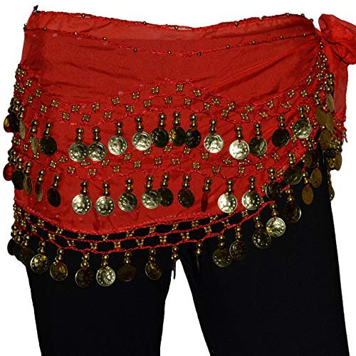 Tanzbekleidung & Accessories BAUCHTANZ MÜNZGÜRTEL HÜFTTUCH BELLY DANCE BAUCHTANZGÜRTEL HIP SCARF KARNEVAL XXL (ca. 128 Münzen, Rot)