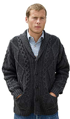 Aran Crafts Men's Irish Cable Knitted Cardigan Sweater (100% Merino Wool)