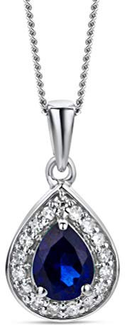 Orovi Schmuck Damen Tropfen Kette Gold mit Ketttenanhänger Edelstein/Geburtsstein Saphir in Blau umgeben von 17 natürliche Diamanten Brillanten 0.06 CT klassische Halskette Weißgold 9 Karat / 375 Gold