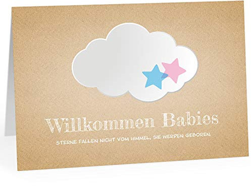 Große XXL Design Geburtskarte zur Geburt/Zwillinge/Klappkarte/mit Umschlag / A4 / Willkommen Sterne Blau Rosa/Baby geboren/Grußkarte zur Gratulation Eltern
