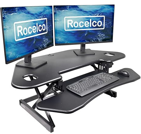 Rocelco 46 Height Adjustable Corner Standing Desk Converter, Quick Sit Standup Dual Monitor Riser, Gas Spring Assist Tabletop Computer Workstation, Large Keyboard Tray, (R CADRB-46), Black