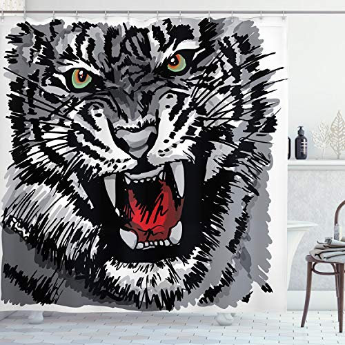 ABAKUHAUS Schwarz-Weiss Duschvorhang, Tiger brüllt, Stoffliches Gewebe Badezimmerdekorationsset mit Haken, 175 x 200 cm, Grau Schwarz Weiß