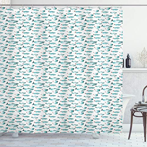 ABAKUHAUS Turquoise et Blanc Rideau de Douche, Poisson de mer, Ensemble de décoration de Salle de Bain en Tissu avec Crochets, 175 x 200 cm, Turquoise Teal et Ruby