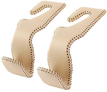AMVOYOA Headrest Hooks for Purses and Bags, Car Back Seat Headrest Hanger Vehicle Beige Leather Storage Hook, Pack of 2
