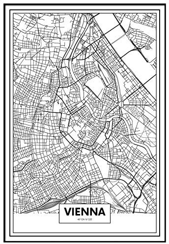 Panorama Gerahmtes Poster Karte von Wien 35x50cm - Gedruckt auf Starres Poster - Enthält Rahmen - Moderne Bilder Wohnzimmerdekoration - Schlafzimmer