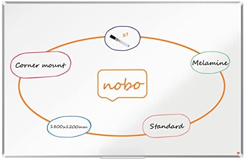 Nobo Melamin Whiteboard, Nichtmagnetische Oberfläche, 120 x 180 cm, Aluminiumrahmen, Traditionelle Eckmontage, Inkl. Whiteboard-Marker, Premium Plus, Weiß, 1915171