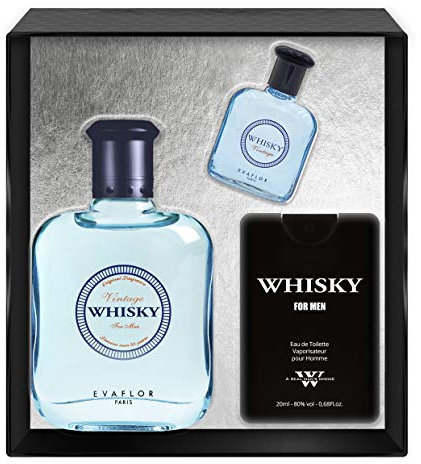 EVAFLORPARIS Whisky Vintage Coffret pour Homme Eau de Toilette 100 ml + Miniature 7.5 ml + Parfum de Voyage 20 ml Vaporisateur Spray Parfum Homme 127.5 ml