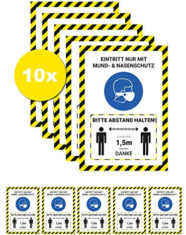 10x Hochwertige Aufkleber Bitte 1,5 Meter Abstand halten Eintritt nur mit Mundschutz Nasenschutz in A4 | 21 x 29,7cm Sticker mit UV Schutz für Außen-und Innenbereich