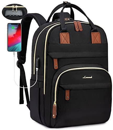 LOVEVOOK Rucksack Damen 15,6 Zoll Laptop Rucksack Damen Groß mit USB Ladeanschluss, Schwarz Wasserdichte Mädchen teenager mit Laptopfach für Schule Arbeit Uni Studenten Lehrer Business Büro