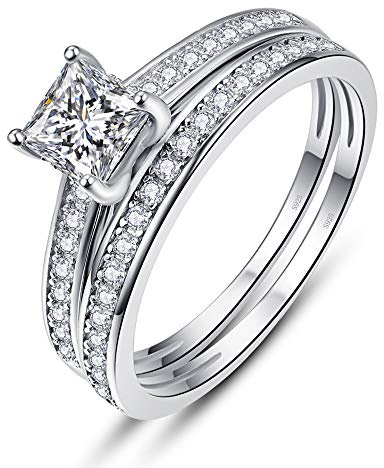 BONLAVIE Verlobungsring-Sets für Frauen 925 Sterling Silber 1,35ct Prinzessinnen-Schliff weißer kubischer Zirkonia Brautring-Sets