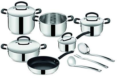 Lagostina Pratica Set di Pentole Induzione, in Acciaio Inox 18/10, 13 Pezzi, Batteria con 4 Casseruole, Pentola, Padella Antiaderente, Mestolo, Schiumarola, Prendispaghetti, 4 Coperchi