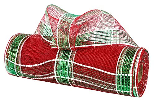 MEEDEE Rot Grün Weiß Plaid Deco Mesh Ribbon 10 Inch Metallic Christmas Mesh Ribbon for Tree Dekorative Mesh Wreath Supplies for Christmas Front Door Mesh Wreath Garland Staircase Mailbox (90 Fuß)