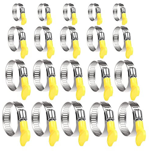 Hose Clips Set, 20 Pcs Adjustable10-38mm Range Hose Clamps 304 Stainless Steel Metal Hose Clips with Yellow Handle for Securing Hoses and Pipes Tube