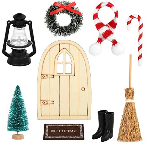 EKKONG Miniatur Wichtel Set Weihnachten Puppenhaus Zubehör Miniatur Puppenhausmöbel Mini Haus Ornament Stiefel Laterne Weihnachtsbaum Holzleiter Wichtelbesen Wand Türwand hängende (D)