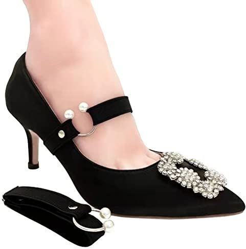 2 Pairs Womens Detachable Elastic Shoe Strap Belt Anti-Slip Shoe Ankle Straps Bands with Artificial Pearl Decoration for Holding Loose High Heels Pumps(Black)