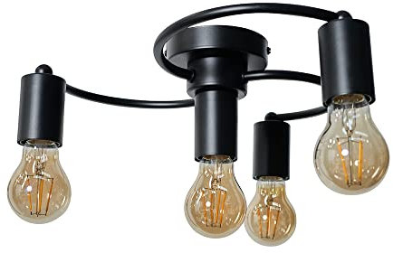 MiniSun Modern 3 Way Semi Flush Matt Black Swirl Arm Design Ceiling Light Fitting - Complete with a 4w LED Filament Amber Tinted Light Bulb [2700K Warm White]