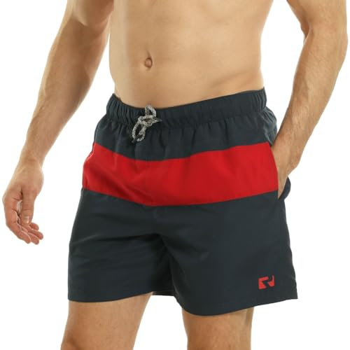 RIPT Men’s Quick Dry Swim Shorts with Mesh Lining Drawstring Waist UV50 Sun Protection Beach & Swimming Trunks (Navy/Red, XL)