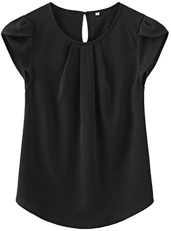 TASAMO Women’s Blouses Casual Cap Sleeves Front Pleated Round Neck Keyhole Back Chiffon Dressy Top(Large, Black)